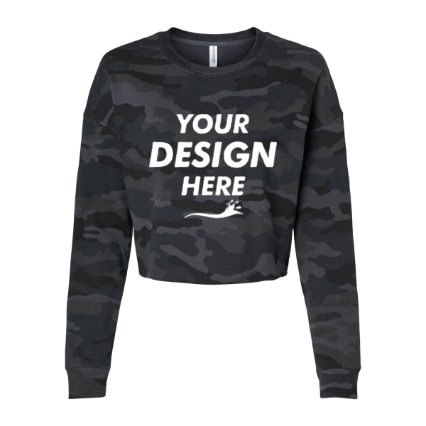 Independent Trading Co. Women's Lightweight Crop Crewneck Sweatshirt, Black Camo, Front view, Mockup
