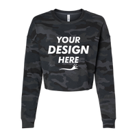 Independent Trading Co. Women's Lightweight Crop Crewneck Sweatshirt, Black Camo, Front view, Mockup