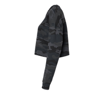 Independent Trading Co. Women's Lightweight Crop Crewneck Sweatshirt, Black Camo, Left Sleeve view