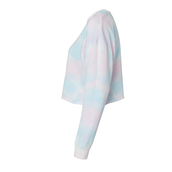 Independent Trading Co. Women's Lightweight Crop Crewneck Sweatshirt, Tie Dye Cotton Candy, Left Sleeve view