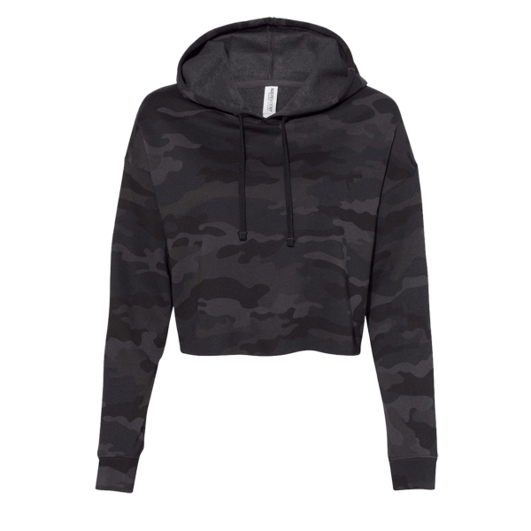 Independent Trading Co. Women’s Lightweight Crop Hooded Sweatshirt, Black Camo, Front view