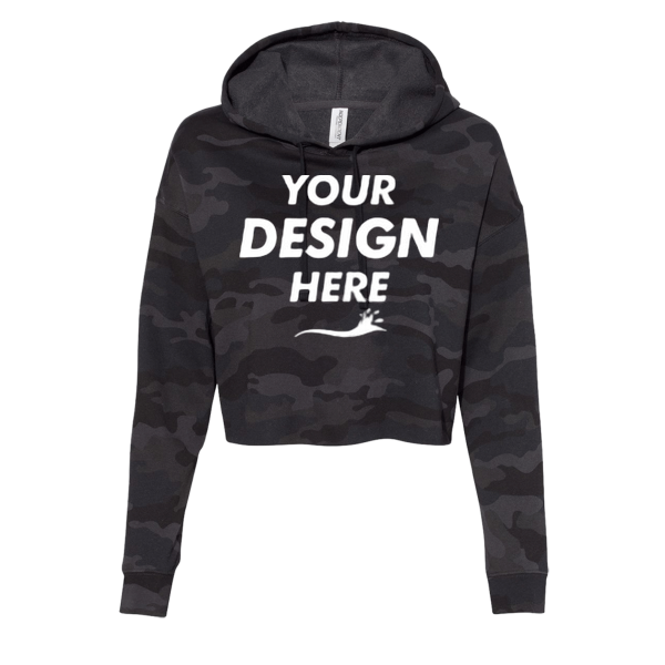 Independent Trading Co. Women’s Lightweight Crop Hooded Sweatshirt, Black Camo, Front view, Mockup