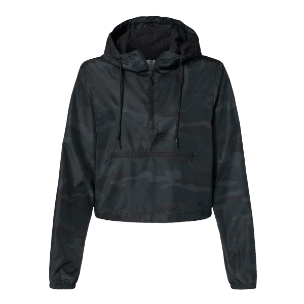 Independent Trading Co. Women's Lightweight Quarter-Zip Pullover Crop Windbreaker, Black Camo / Black Camo, Front view