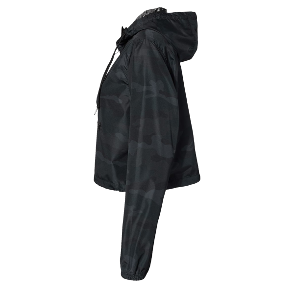 Independent Trading Co. Women's Lightweight Quarter-Zip Pullover Crop Windbreaker, Black Camo / Black Camo, Left Sleeve view