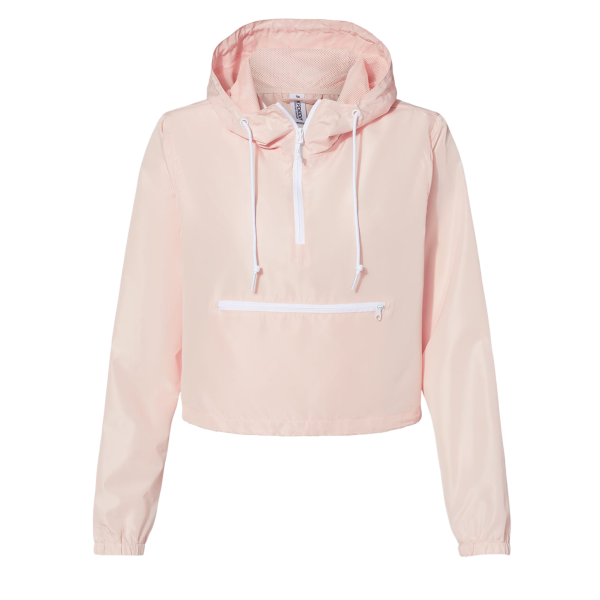 Independent Trading Co. Women's Lightweight Quarter-Zip Pullover Crop Windbreaker, Blush / White Zipper, Front view