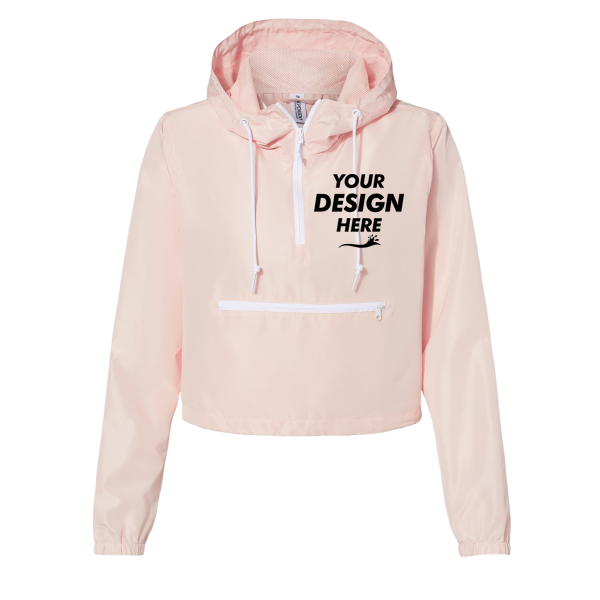 Independent Trading Co. Women's Lightweight Quarter-Zip Pullover Crop Windbreaker, Blush / White Zipper, Front view, Mockup