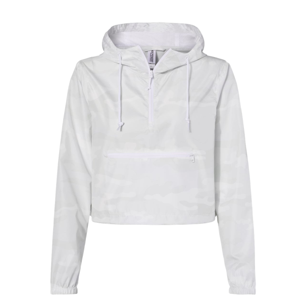 Independent Trading Co. Women's Lightweight Quarter-Zip Pullover Crop Windbreaker, White Camo / White Camo, Front view