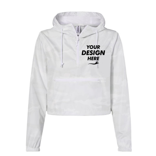 Independent Trading Co. Women's Lightweight Quarter-Zip Pullover Crop Windbreaker, White Camo / White Camo, Front view, Mockup
