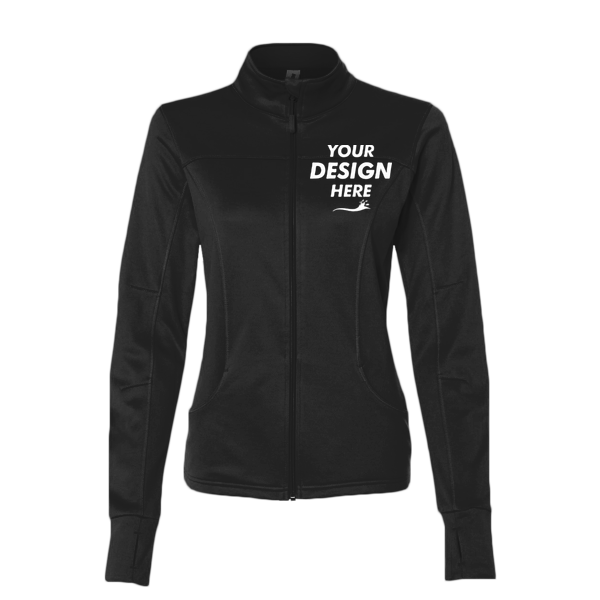 Independent Trading Co. Women's Poly-Tech Full-Zip Track Jacket, Black, Front view, Mockup