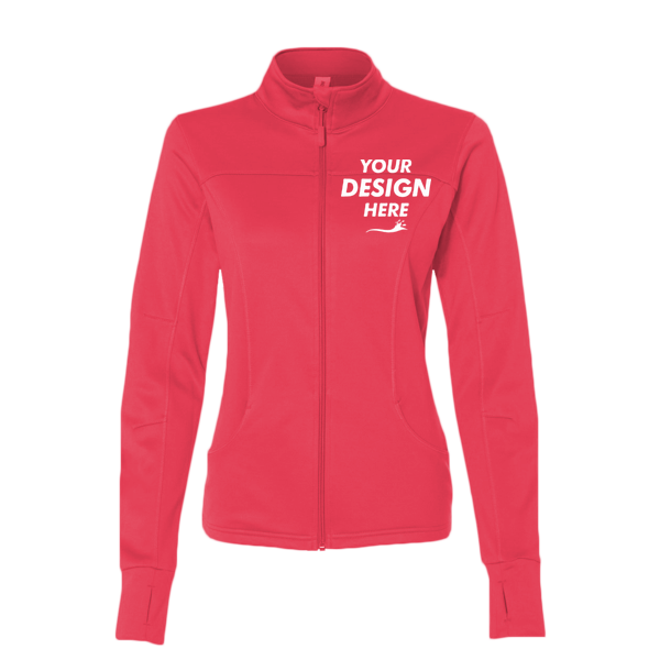 Independent Trading Co. Women's Poly-Tech Full-Zip Track Jacket, Coral, Front view, Mockup