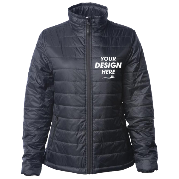Independent Trading Co. Women's Puffer Jacket, Black, Front view, Mockup