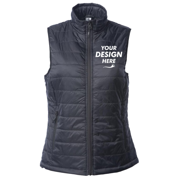 Independent Trading Co. Women's Puffer Vest, Black, Front view, Mockup