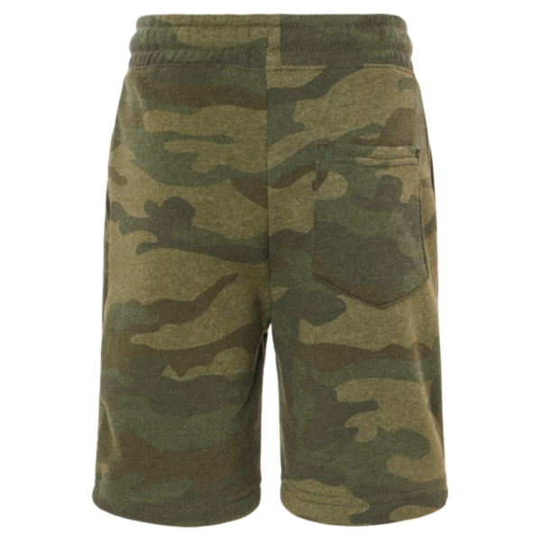 Independent Trading Co. Youth Lightweight Special Blend Fleece Shorts, Forest Camo Heather, Back view