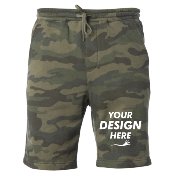Independent Trading Co. Youth Lightweight Special Blend Fleece Shorts, Forest Camo Heather, Front view, Mockup