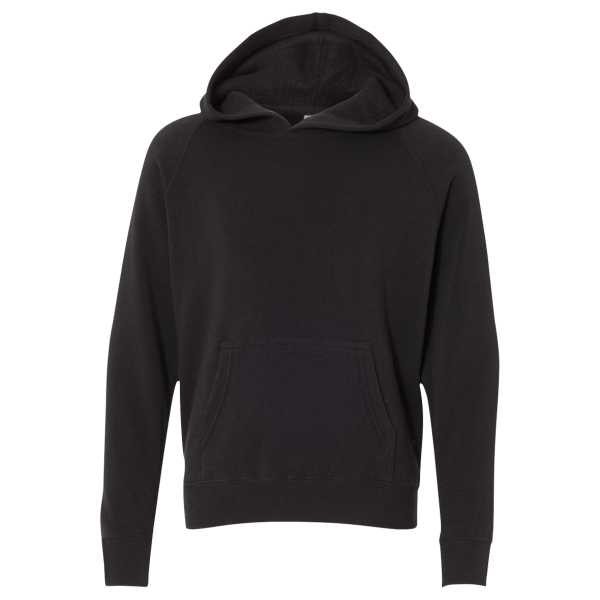 Independent Trading Co. Youth Lightweight Special Blend Raglan Hooded Sweatshirt, Black / Black, Front view