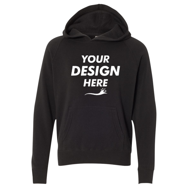 Independent Trading Co. Youth Lightweight Special Blend Raglan Hooded Sweatshirt, Black / Black, Front view, Mockup