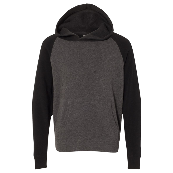 Independent Trading Co. Youth Lightweight Special Blend Raglan Hooded Sweatshirt, Carbon / Black, Front view