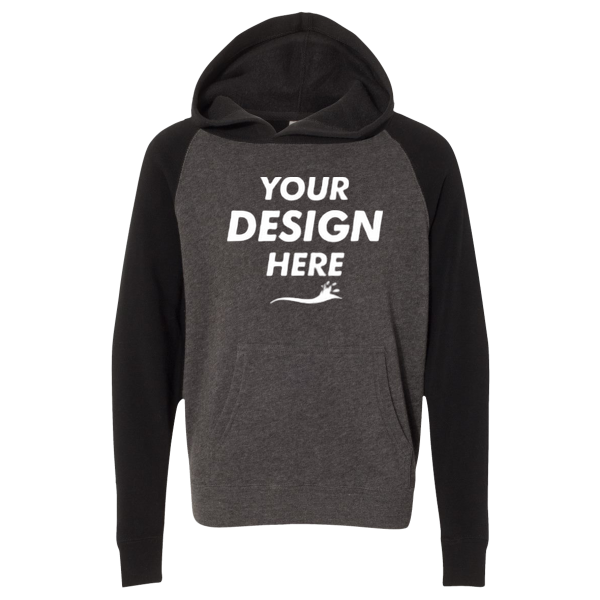 Independent Trading Co. Youth Lightweight Special Blend Raglan Hooded Sweatshirt, Carbon / Black, Front view, Mockup