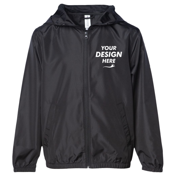 Independent Trading Co. Youth Lightweight Windbreaker Full-Zip Jacket, Black / Black, Front view, Mockup