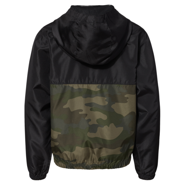 Independent Trading Co. Youth Lightweight Windbreaker Full-Zip Jacket, Black / Forest Camo, Back view