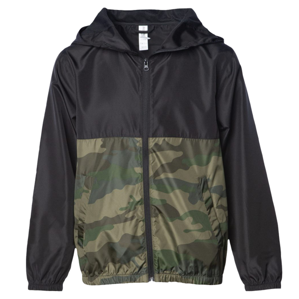 Independent Trading Co. Youth Lightweight Windbreaker Full-Zip Jacket, Black / Forest Camo, Front view