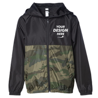 Independent Trading Co. Youth Lightweight Windbreaker Full-Zip Jacket, Black / Forest Camo, Front view, Mockup