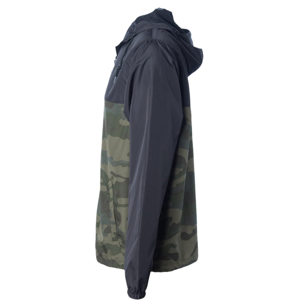 Independent Trading Co. Youth Lightweight Windbreaker Full-Zip Jacket, Black / Forest Camo, Left Sleeve view