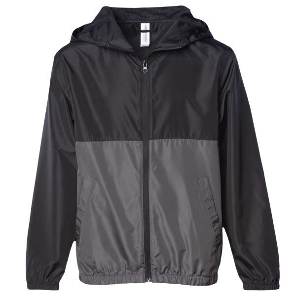 Independent Trading Co. Youth Lightweight Windbreaker Full-Zip Jacket, Black / Graphite, Front view