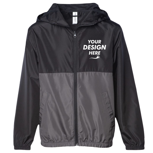 Independent Trading Co. Youth Lightweight Windbreaker Full-Zip Jacket, Black / Graphite, Front view, Mockup