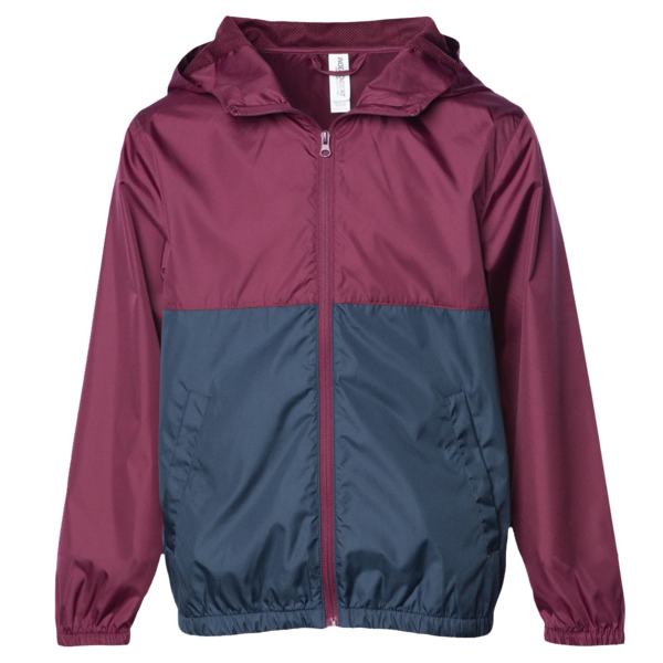 Independent Trading Co. Youth Lightweight Windbreaker Full-Zip Jacket, Maroon / Classic Navy, Front view