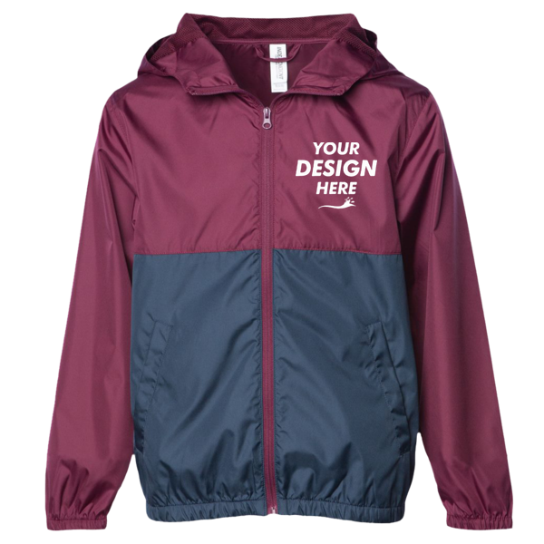 Independent Trading Co. Youth Lightweight Windbreaker Full-Zip Jacket, Maroon / Classic Navy, Front view, Mockup