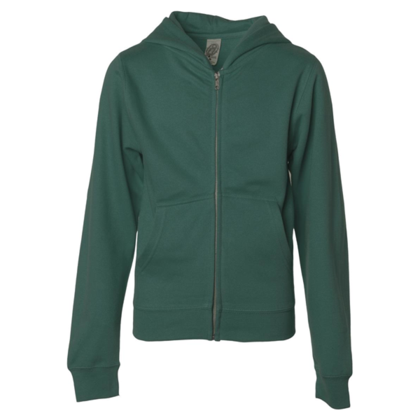 Independent Trading Co. Youth Midweight Full-Zip Hooded Sweatshirt, Alpine Green, Front view