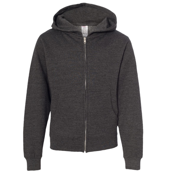 Independent Trading Co. Youth Midweight Full-Zip Hooded Sweatshirt, Charcoal Heather, Front view