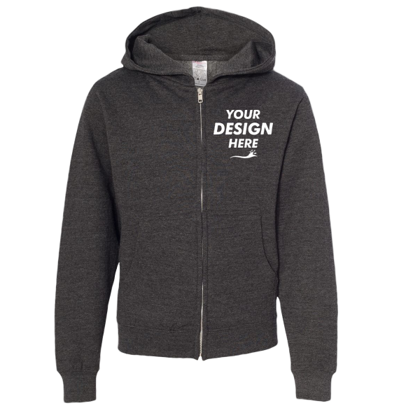 Independent Trading Co. Youth Midweight Full-Zip Hooded Sweatshirt, Charcoal Heather, Front view, Mockup