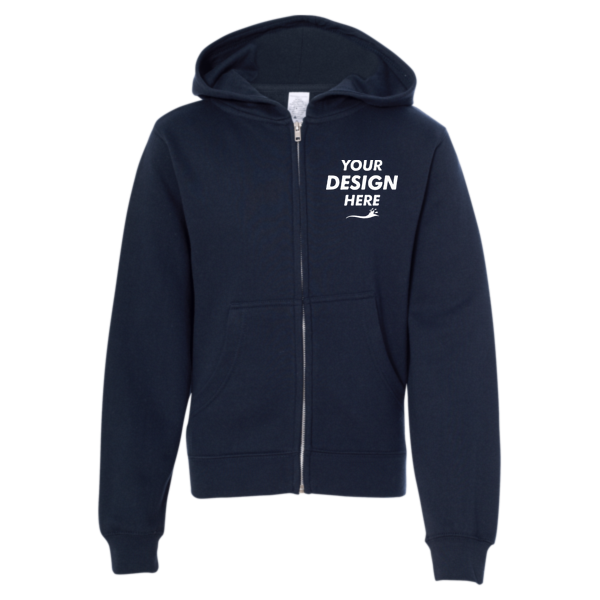 Independent Trading Co. Youth Midweight Full-Zip Hooded Sweatshirt, Classic Navy, Front view, Mockup
