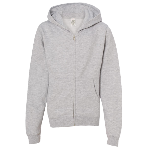 Independent Trading Co. Youth Midweight Full-Zip Hooded Sweatshirt, Grey Heather, Front view