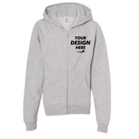 Independent Trading Co. Youth Midweight Full-Zip Hooded Sweatshirt, Grey Heather, Front view, Mockup
