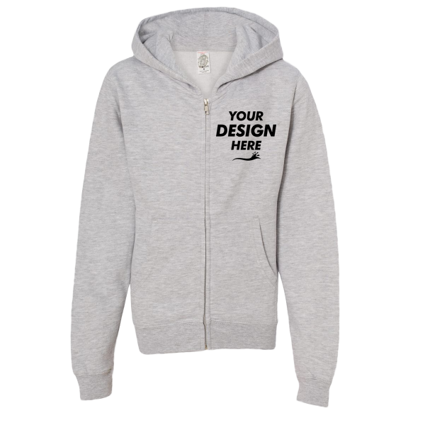 Independent Trading Co. Youth Midweight Full-Zip Hooded Sweatshirt, Grey Heather, Front view, Mockup