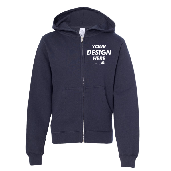 Independent Trading Co. Youth Midweight Full-Zip Hooded Sweatshirt, Navy, Front view, Mockup