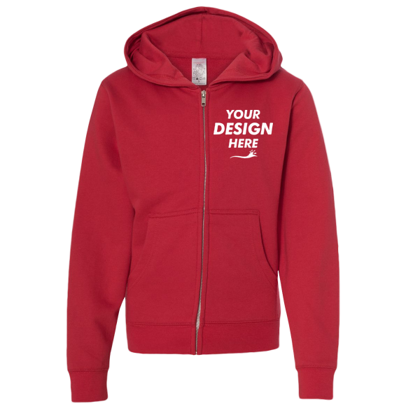 Independent Trading Co. Youth Midweight Full-Zip Hooded Sweatshirt, Red, Front view, Mockup