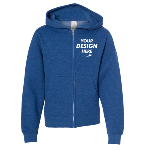 Independent Trading Co. Youth Midweight Full-Zip Hooded Sweatshirt, Royal Heather, Front view, Mockup