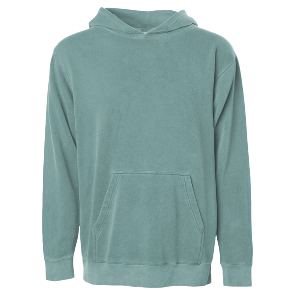 Independent Trading Co. Youth Midweight Pigment-Dyed Hooded Sweatshirt, Pigment Alpine Green, Front view