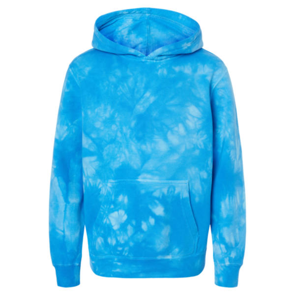 Independent Trading Co. Youth Midweight Tie-Dyed Hooded Sweatshirt, Tie Dye Aqua Blue, Front view