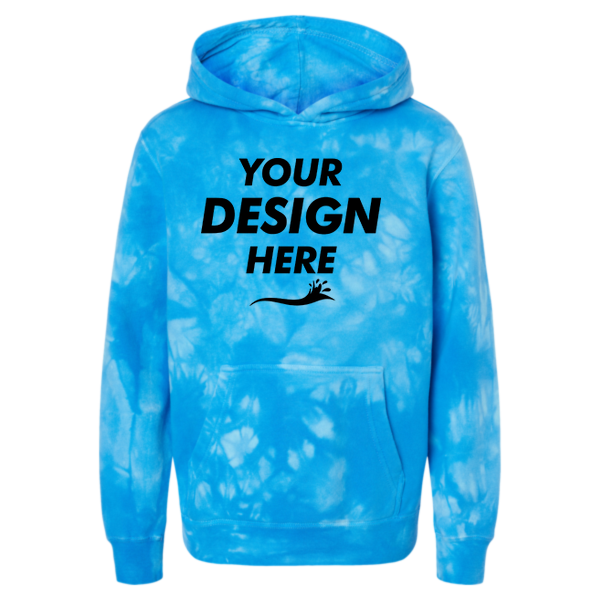Independent Trading Co. Youth Midweight Tie-Dyed Hooded Sweatshirt, Tie Dye Aqua Blue, Front view, Mockup