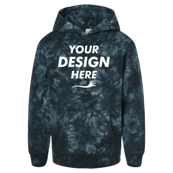 Independent Trading Co. Youth Midweight Tie-Dyed Hooded Sweatshirt, Tie Dye Black, Front view, Mockup