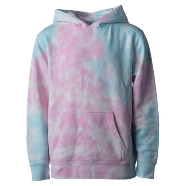 Independent Trading Co. Youth Midweight Tie-Dyed Hooded Sweatshirt, Tie Dye Cotton Candy, Front view