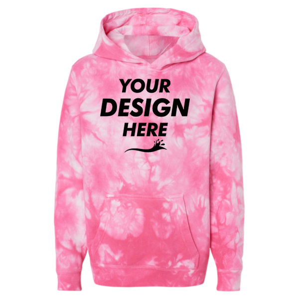 Independent Trading Co. Youth Midweight Tie-Dyed Hooded Sweatshirt, Tie Dye Pink, Front view, Mockup