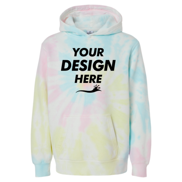 Independent Trading Co. Youth Midweight Tie-Dyed Hooded Sweatshirt, Tie Dye Sunset Swirl, Front view, Mockup