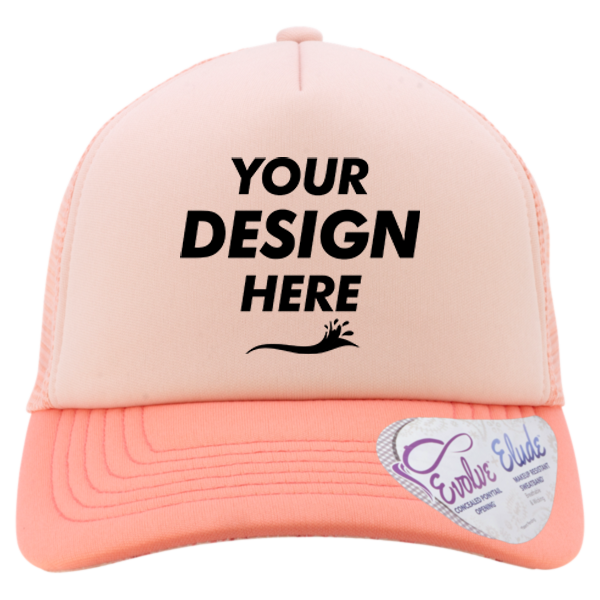Infinity Her Women's Foam Trucker Cap, Dusty Pink / Pink / Peachy Pink / Butterfly, Front view, Mockup