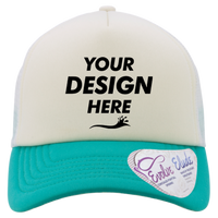 Infinity Her Women's Foam Trucker Cap, Ivory / Jade / White / Swirl, Front view, Mockup